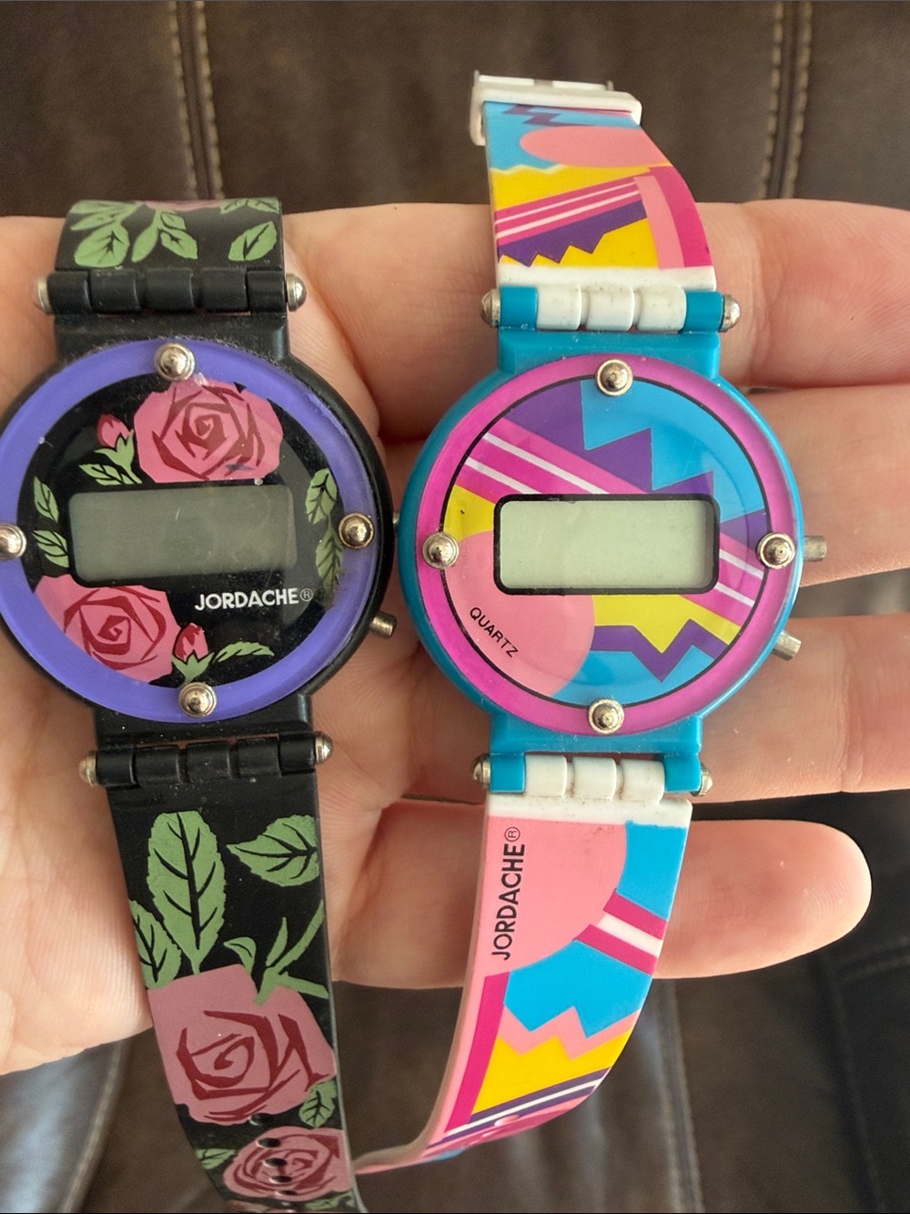 2pc LOT •JORDACHE• Colorful Geometric & Rose digital wristwatches (untested)
